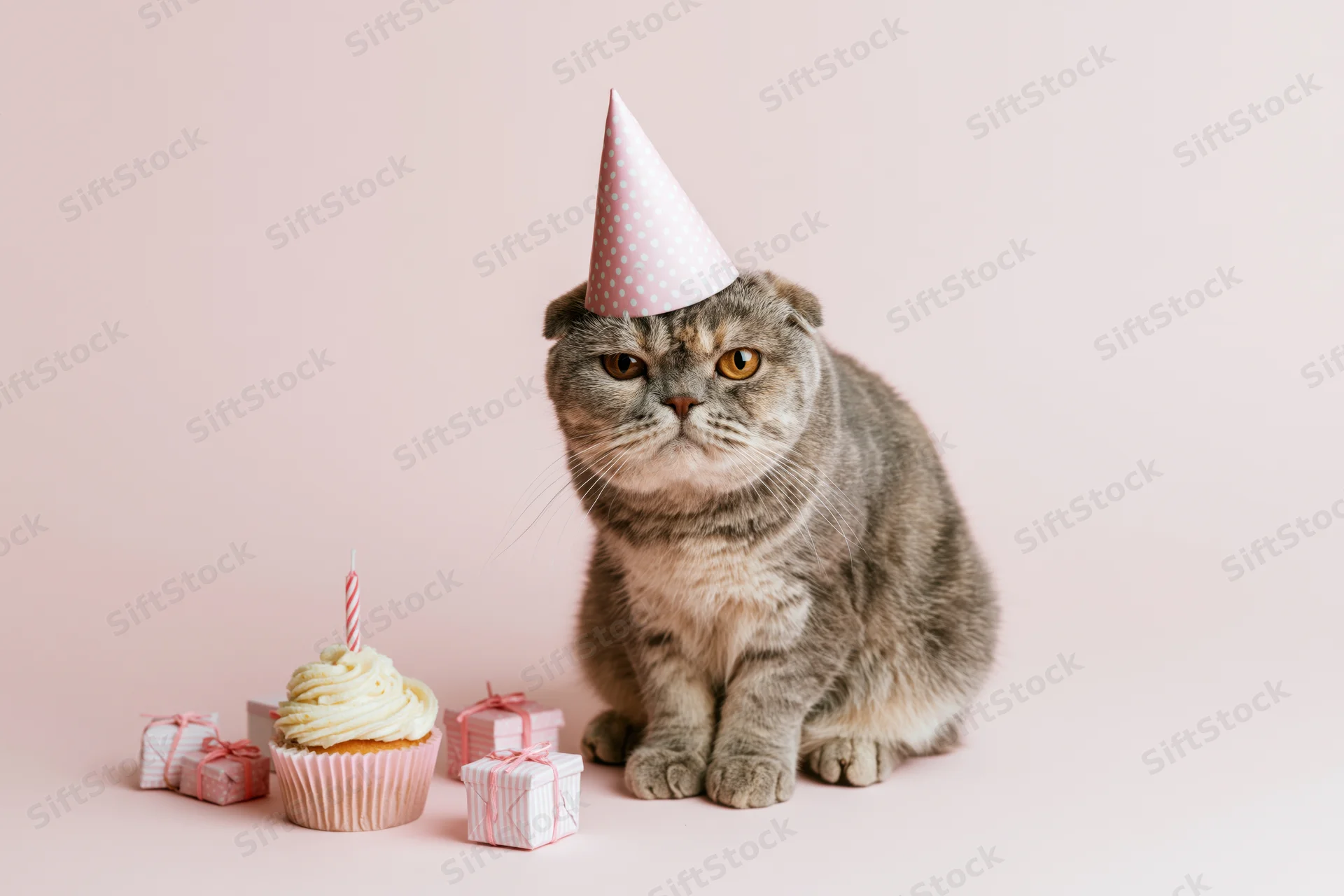 Scottishfold cat wearing party hat sitting beside cupcake and gifts on pastel background