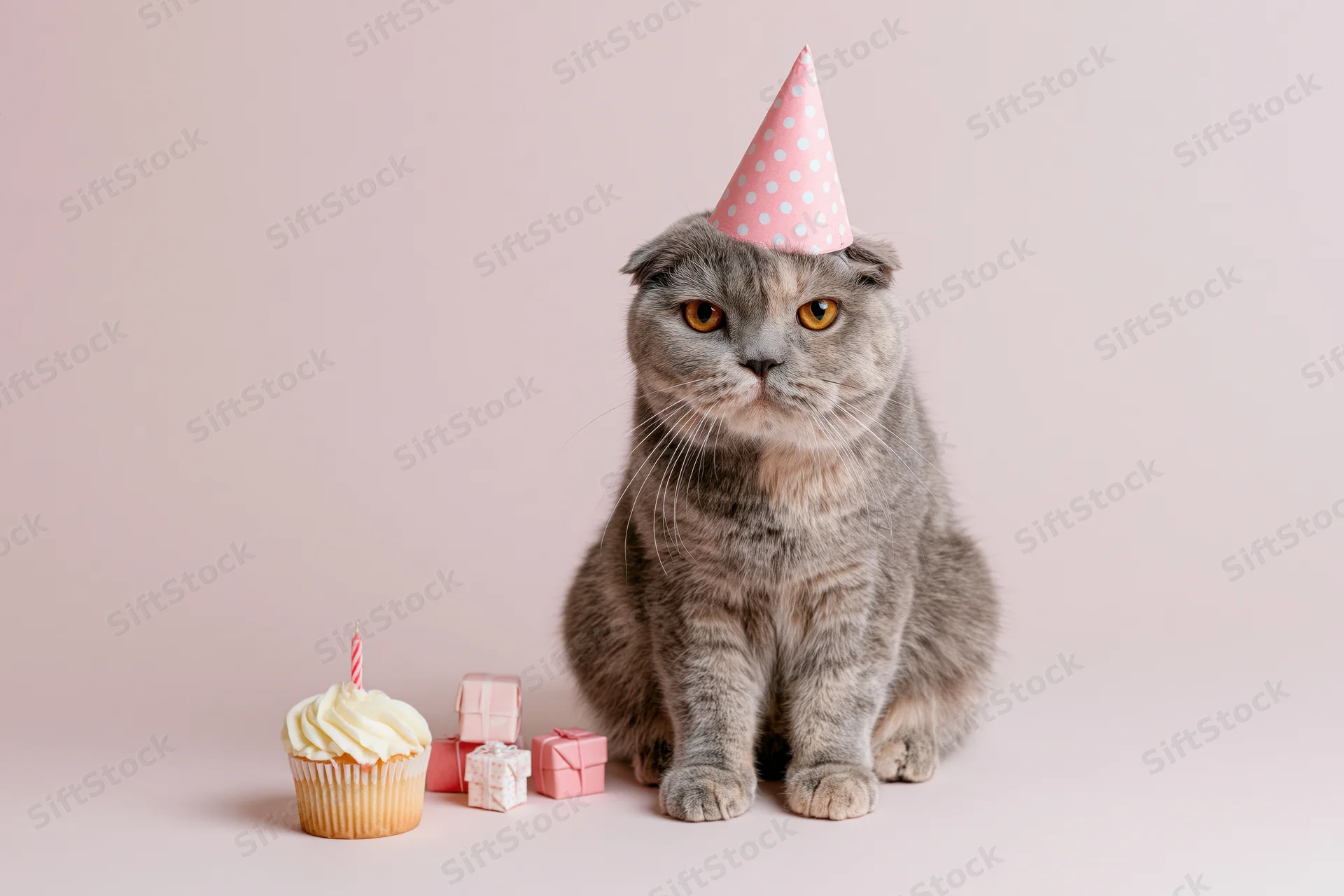 Scottishfold cat wearing pink polka-dot party hat sitting beside cupcake and gifts on light background