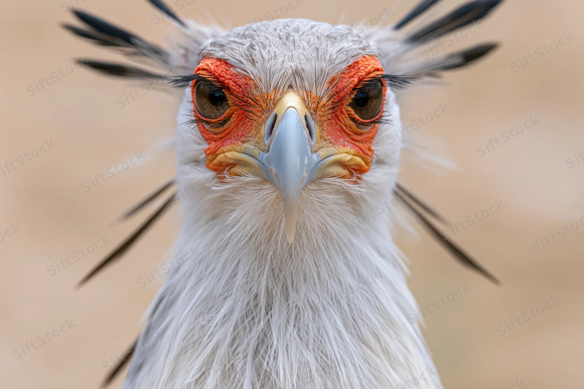 Secretarybird staring directly into camera in extreme closeup