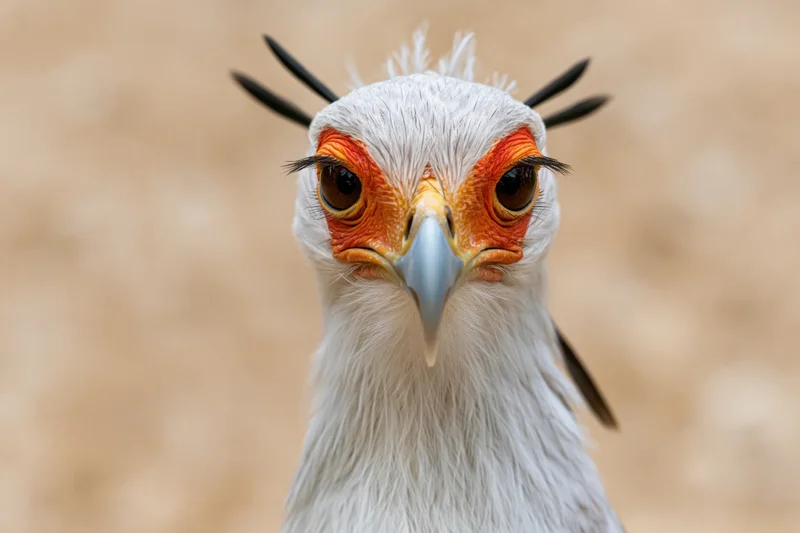 Secretarybird staring directly into camera in extreme closeup