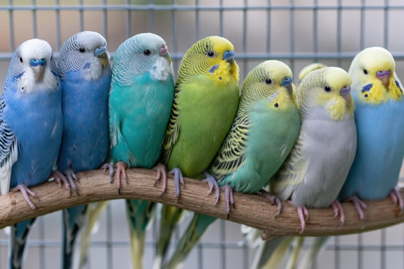 Seven budgerigars perched closely together on a curved wooden perch inside a cage
