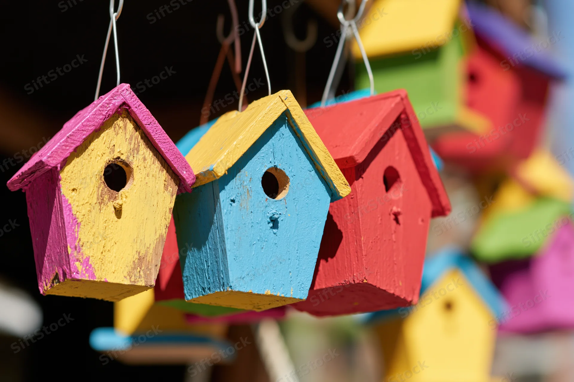 Colorful wooden birdhouses hanging from wire hooks outdoors