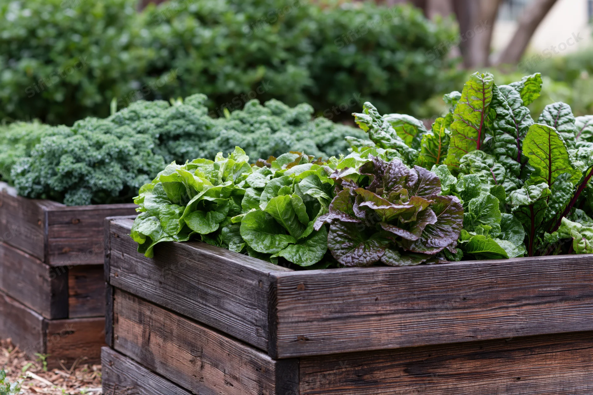 Leafy greens growing in dark wooden raised garden beds outdoors