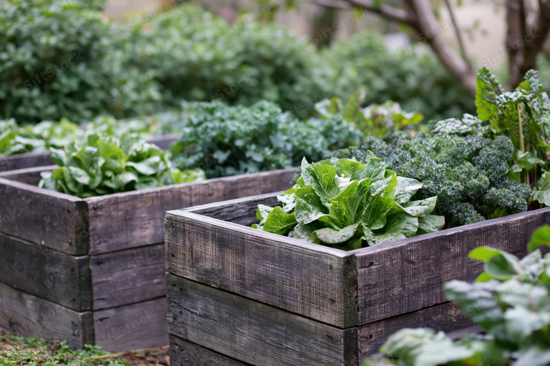Weathered wooden raised beds filled with leafy green vegetables in an outdoor garden