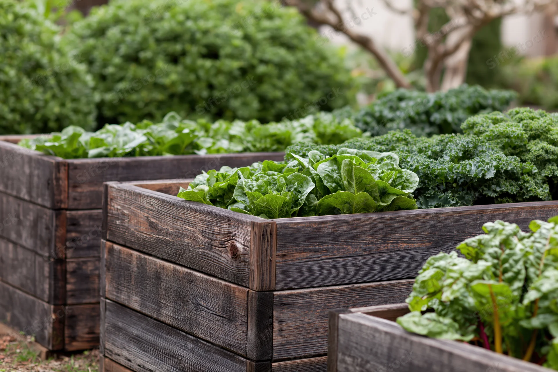 Dark weathered wood raised garden beds filled with leafy green vegetables in an outdoor garden setting