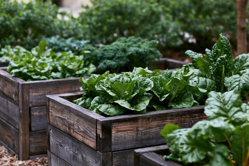 Leafy green vegetables growing in dark wood raised garden beds outdoors