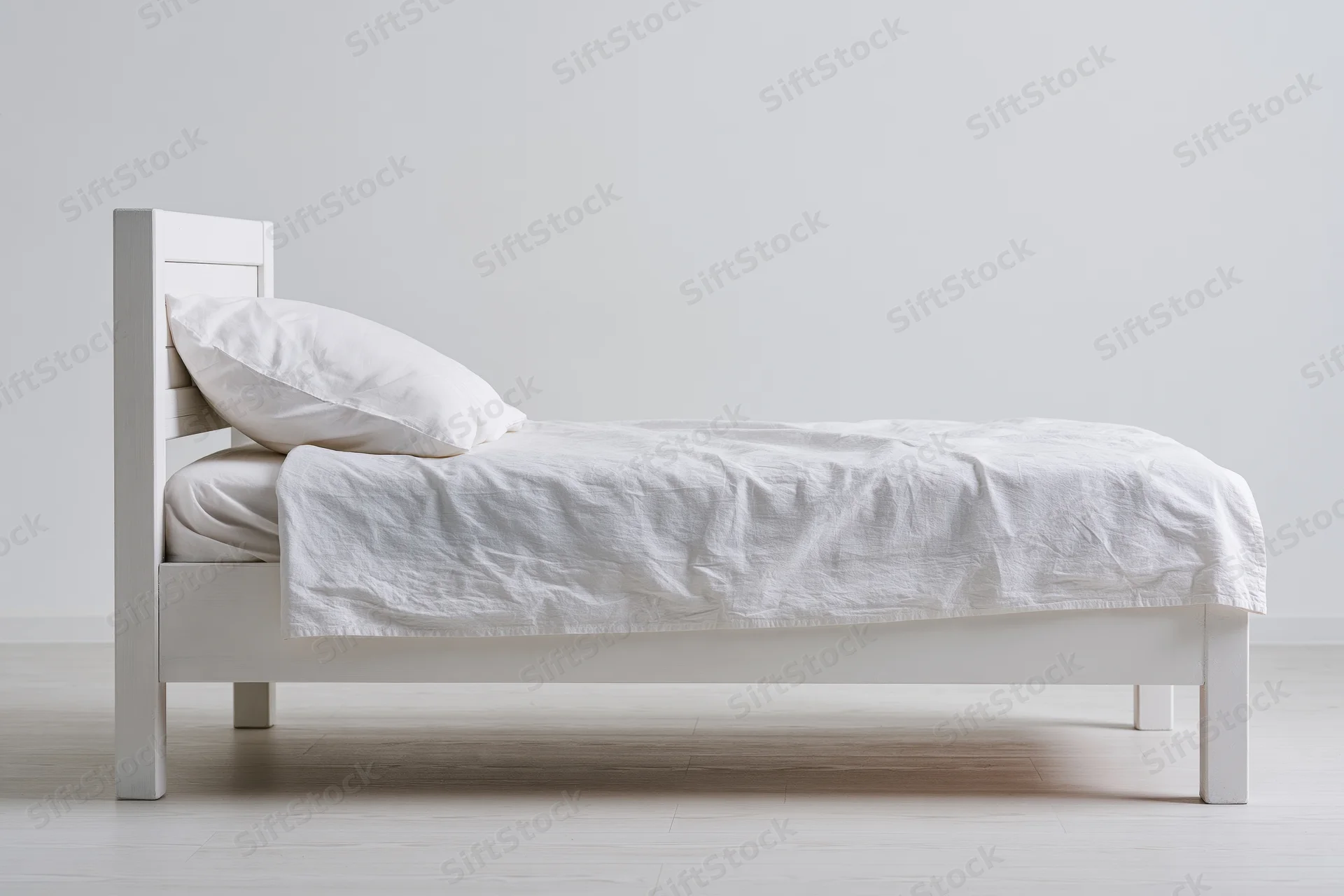 White wooden bed with rumpled white linen and pillow in minimalist bedroom