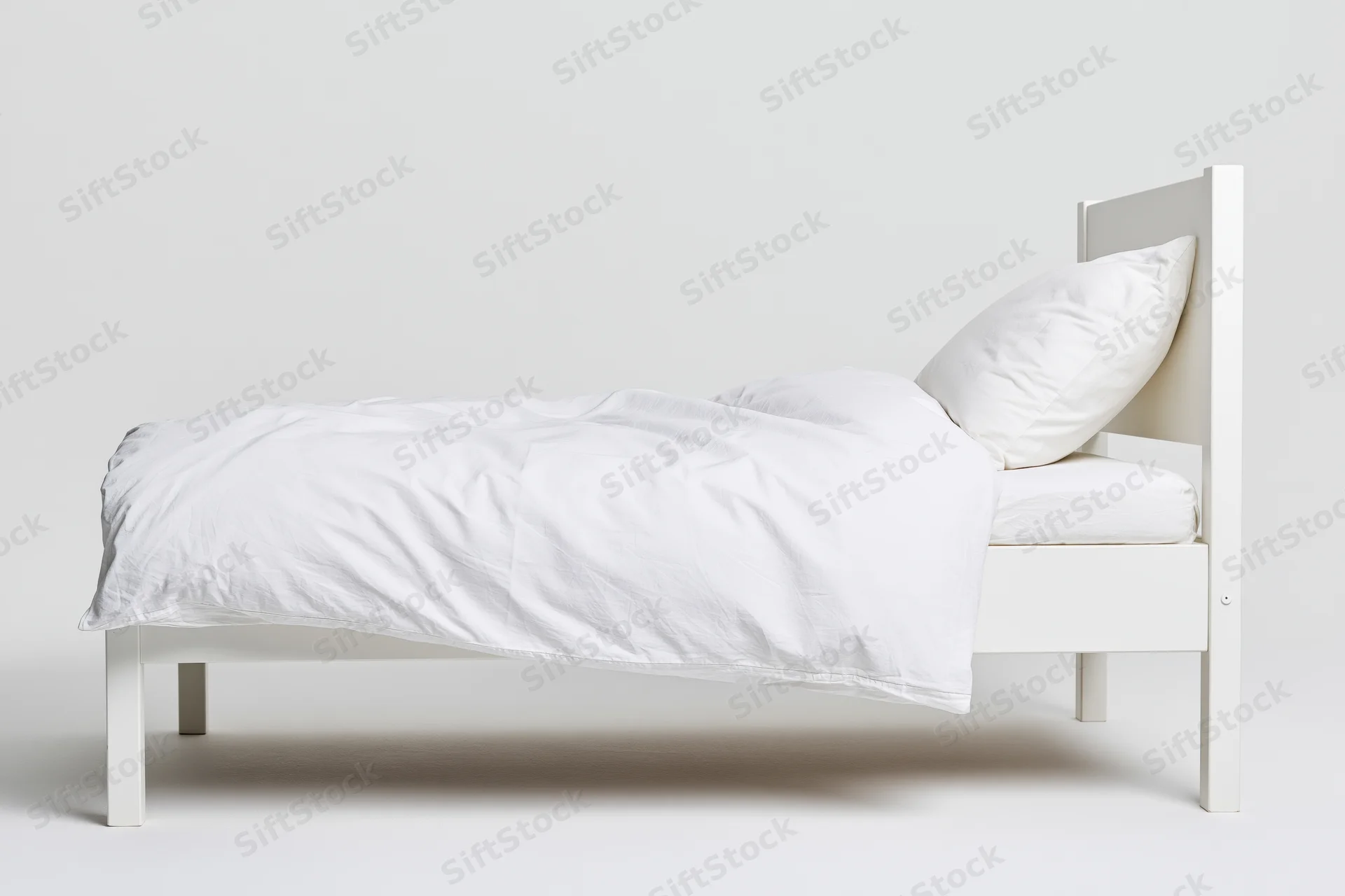 White wooden single bed with rumpled white bedding on plain background