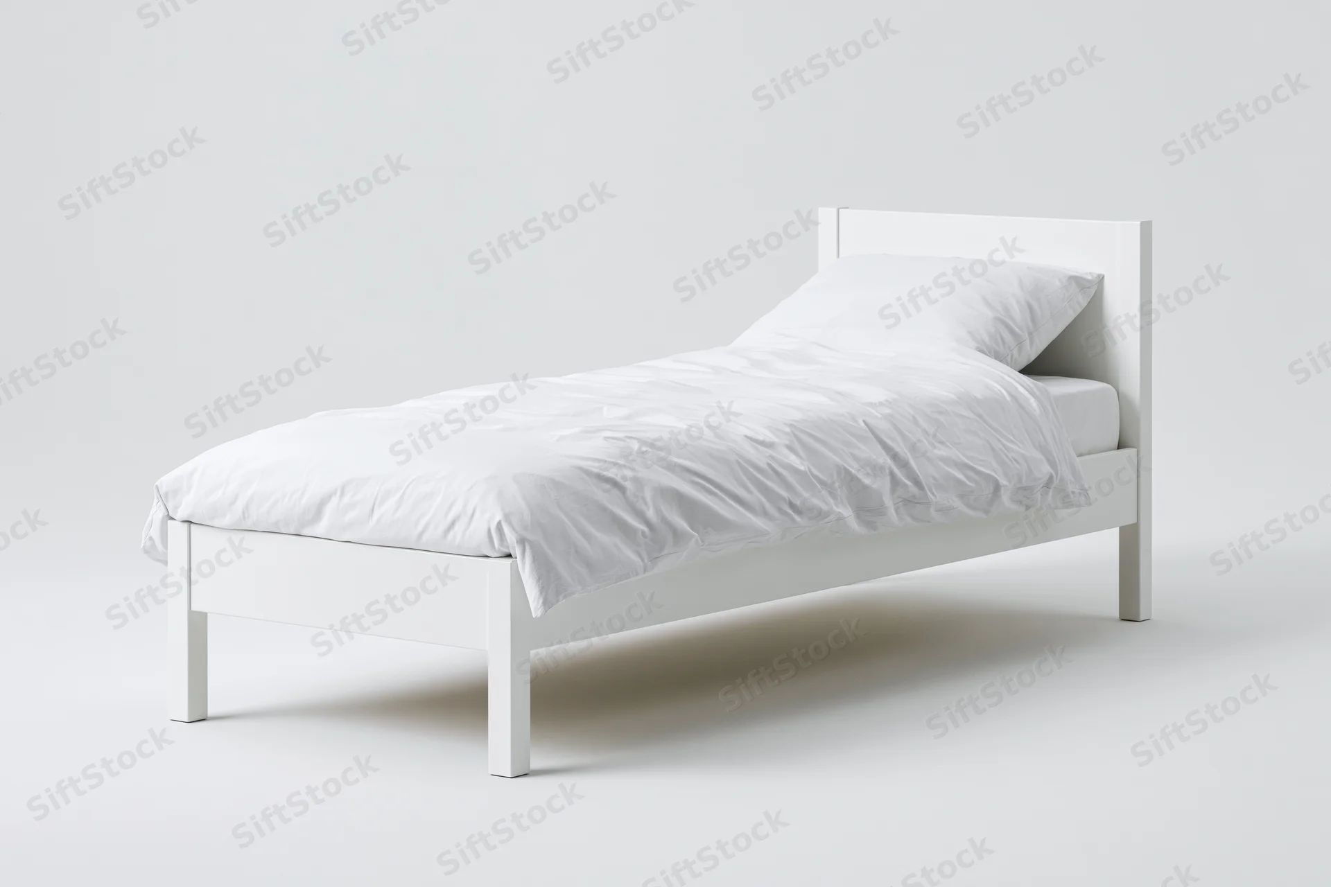 White wooden single bed with rumpled white bedding on plain white background