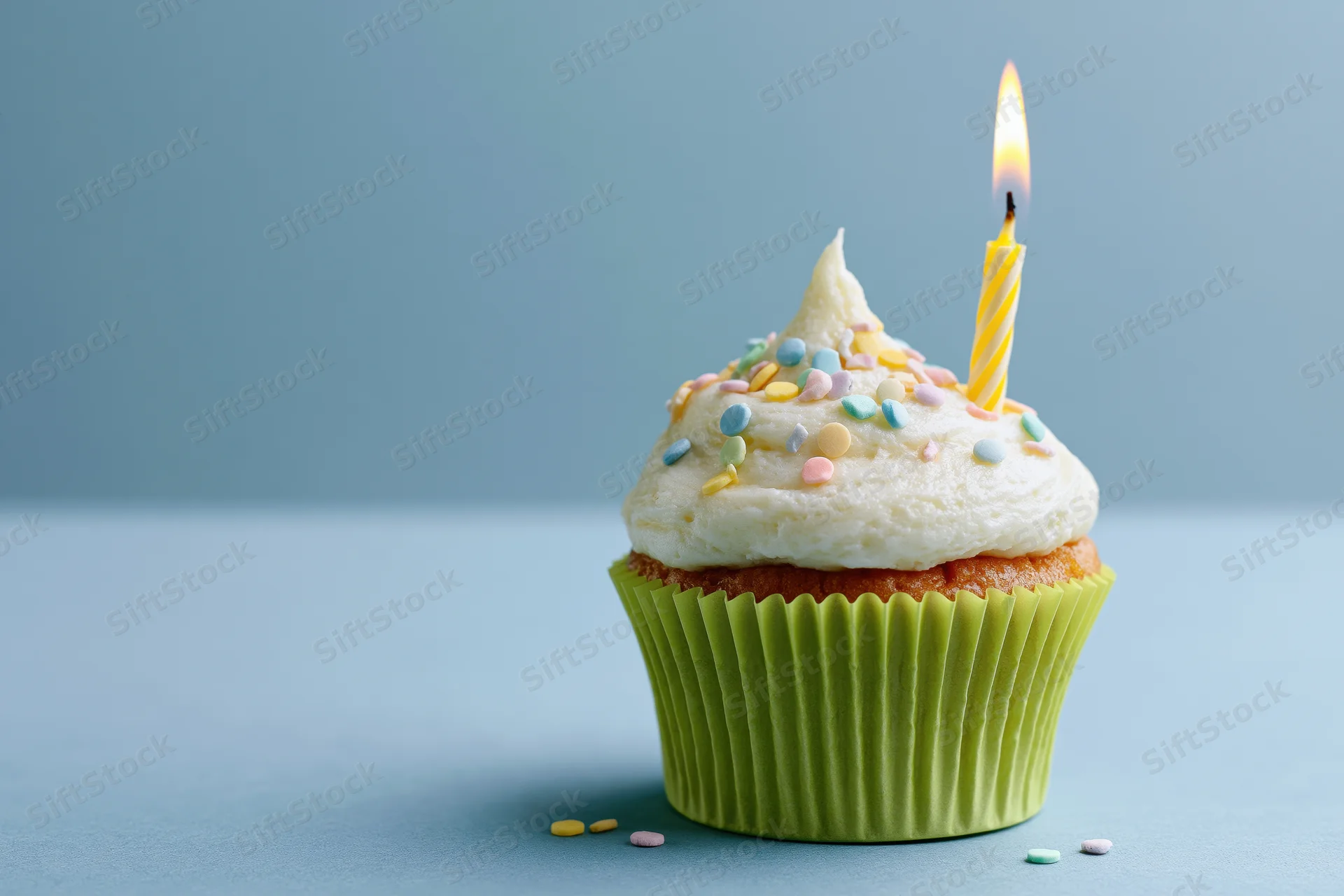 Single birthday cupcake with lit candle and sprinkles in lime green paper wrapper on blue surface
