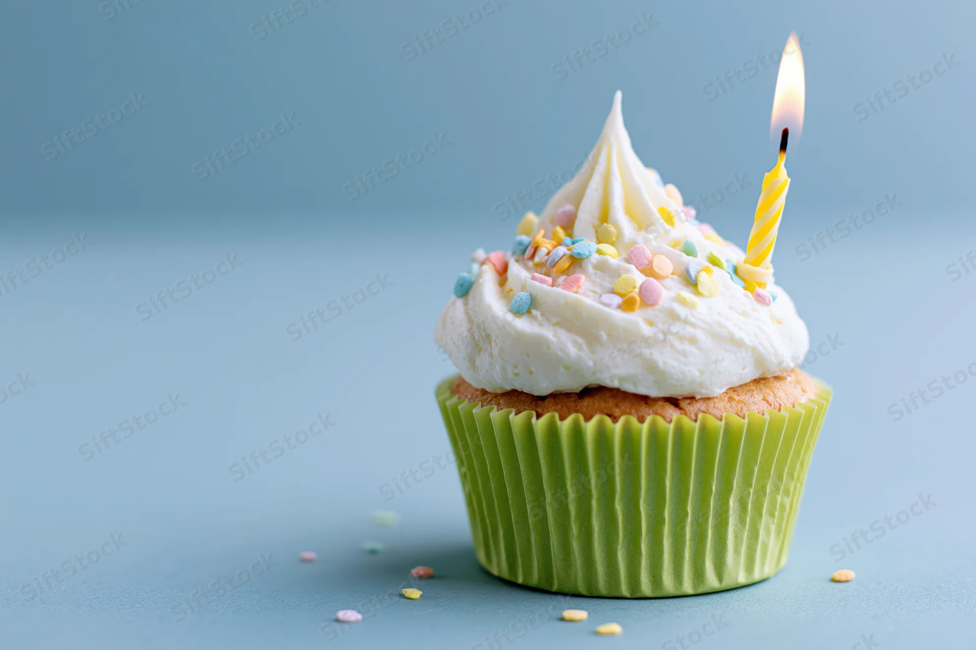 Single birthday cupcake with lit candle and sprinkles in green paper wrapper on blue surface