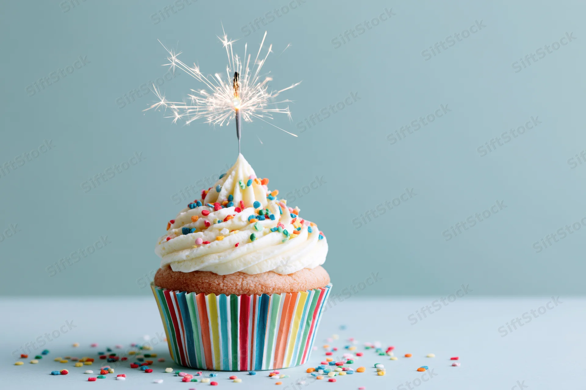 Single birthday cupcake with lit sparkler and colorful sprinkles on a striped paper wrapper