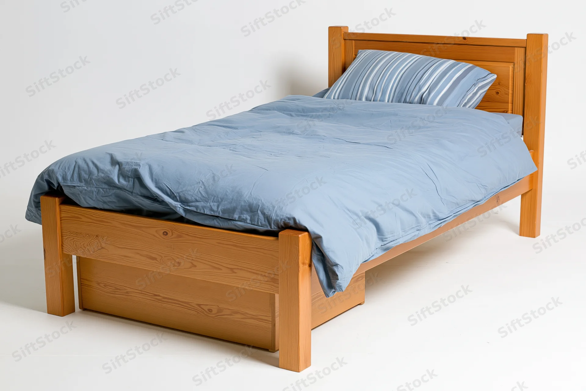 Single wooden bed with headboard and under-bed drawer neatly arranged on white background
