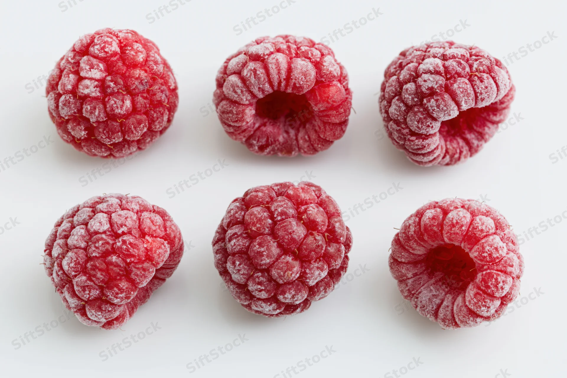 Six frozen raspberries arranged in two rows on a white background