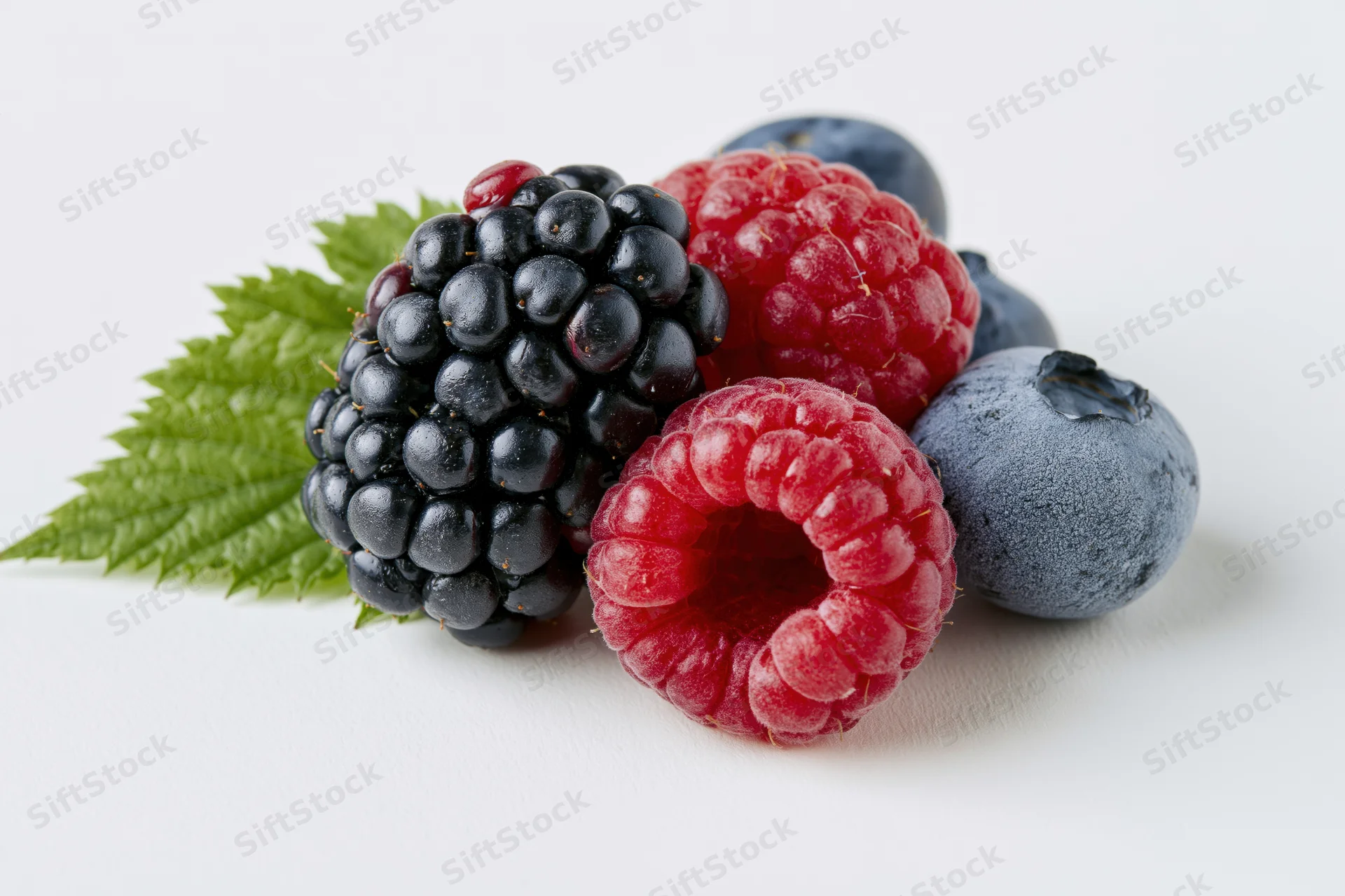 Cluster of fresh blackberries, raspberries and blueberries with a green leaf on white background