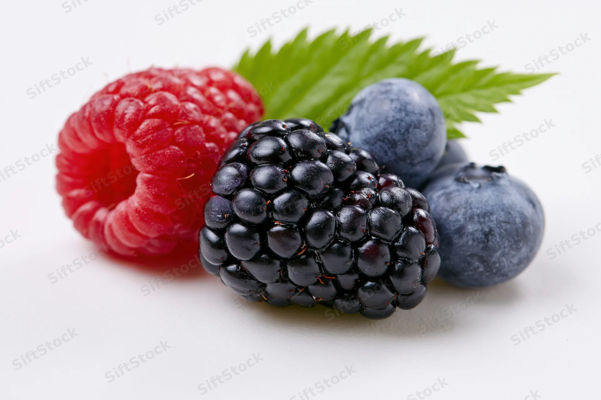 Blackberry, raspberry and blueberries arranged with a green leaf on a white background