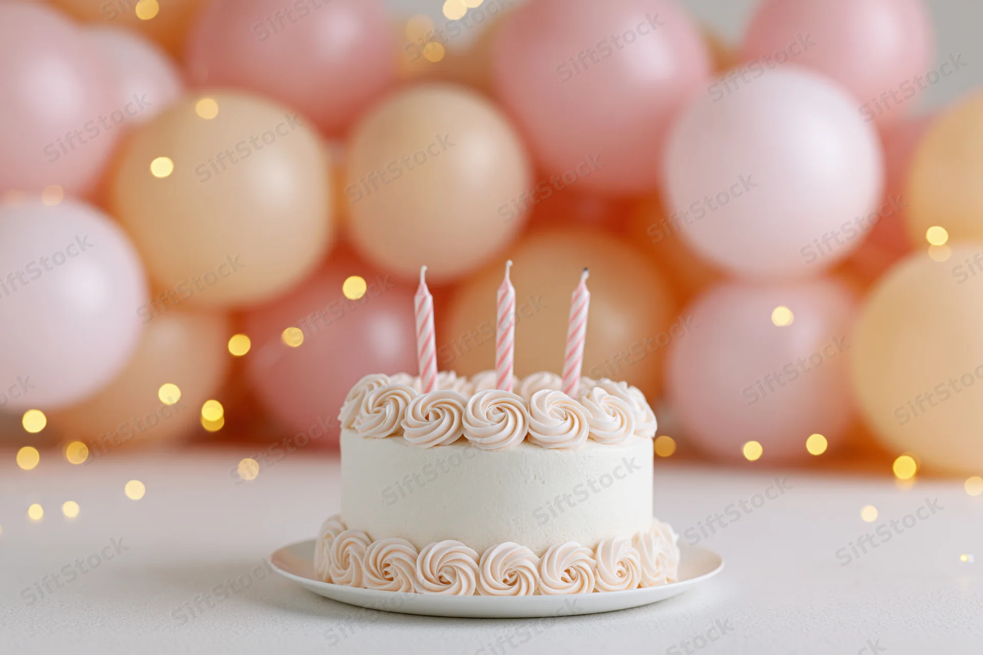 Small white birthday cake with three striped candles on a plate in front of pink and beige balloons with golden bokeh lights