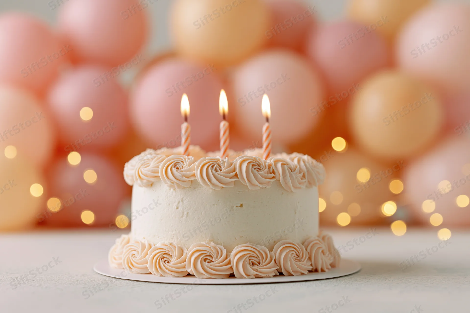 Small white birthday cake with three lit striped candles on a table, decorated with pink and peach balloons and bokeh lights in the background