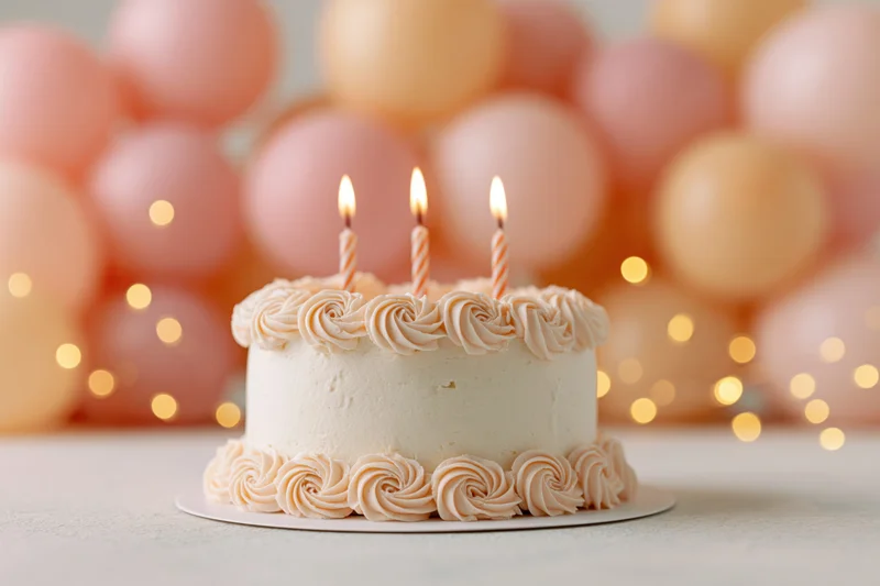 Small white birthday cake with three lit striped candles on a table, decorated with pink and peach balloons and bokeh lights in the background