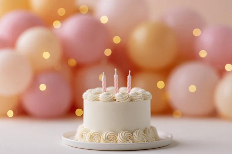 Small white birthday cake with three striped candles on a plate in front of pink and gold balloons with bokeh lights