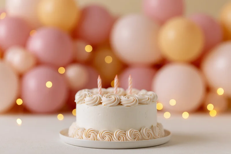 Small white birthday cake with three striped candles on a plate in front of a pink and gold balloon arch with string lights