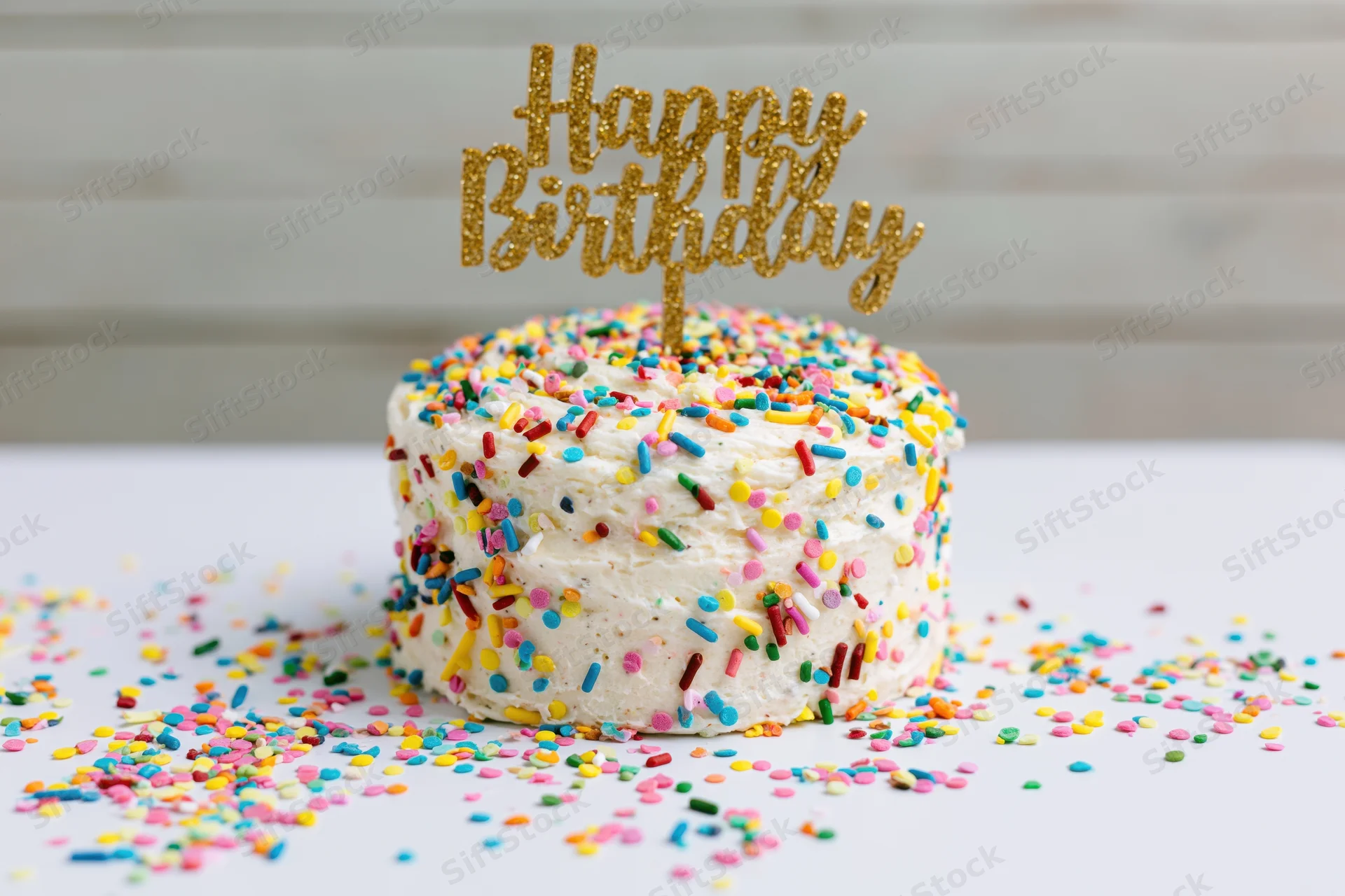 Small white frosted birthday cake with gold glitter topper and colorful sprinkles on white surface