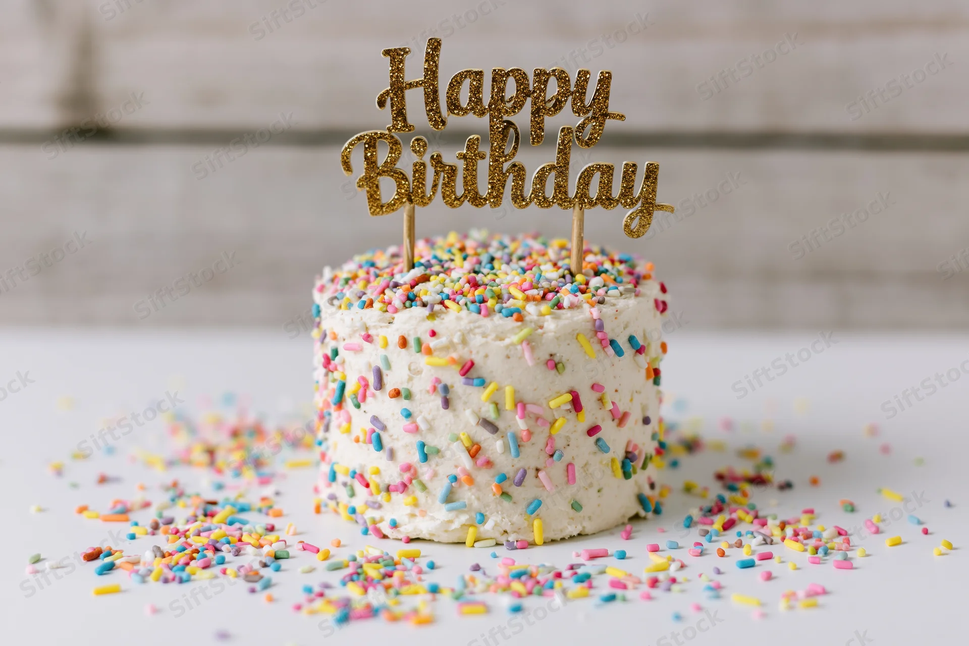 Small white frosted birthday cake with gold glitter topper and colorful sprinkles on white surface