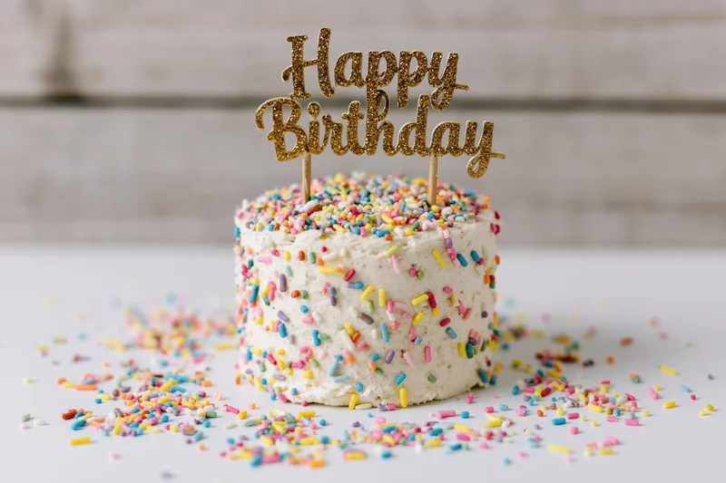 Small white frosted birthday cake with gold glitter topper and colorful sprinkles on white surface
