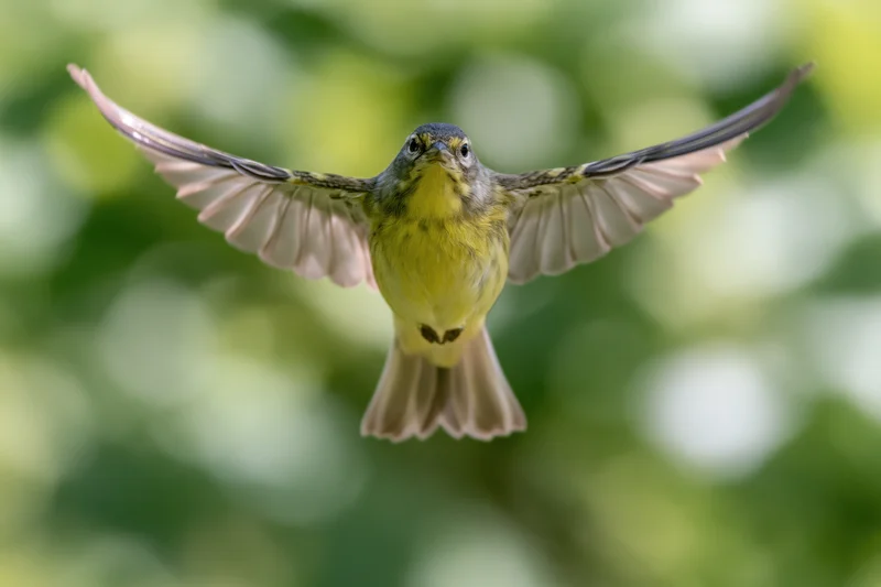 Small yellow-breasted songbird in mid-flight with wings spread against green foliage background