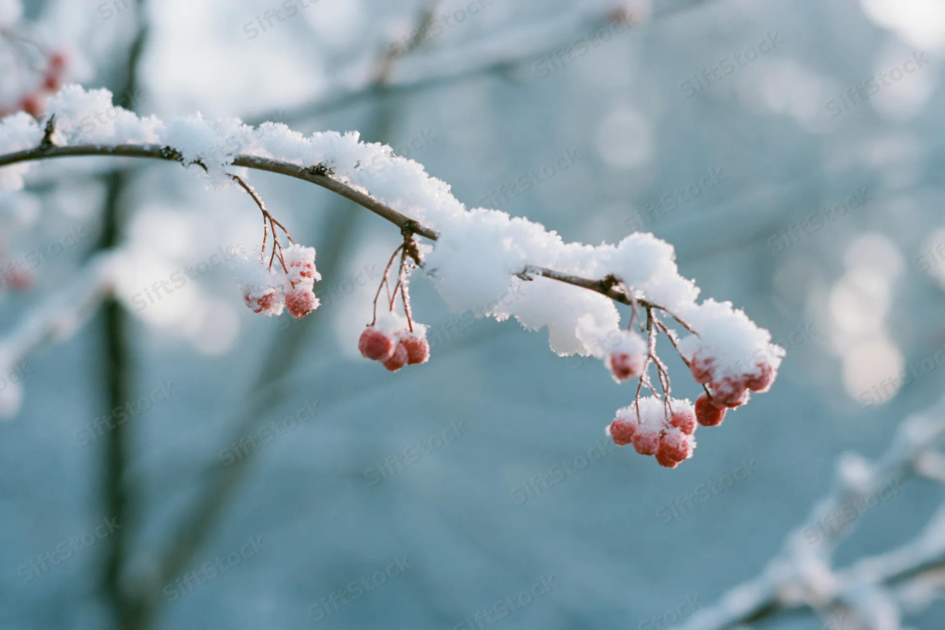 Snow-covered tree branch with red berries hanging in winter forest