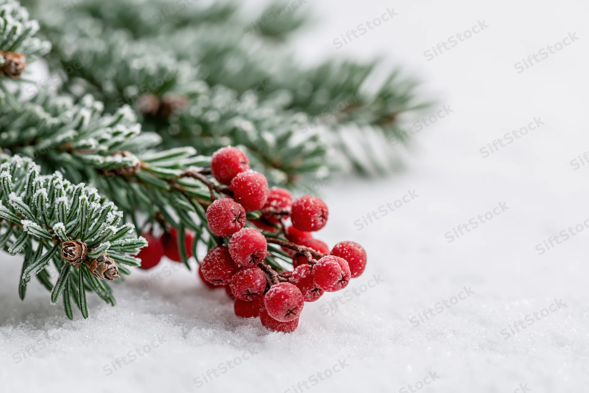 Snow-dusted fir branch with red berries resting on snowy surface