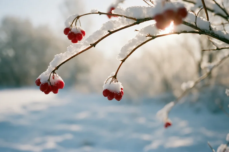 Snow-covered red berries on a shrub branch in a winter landscape with sunlight filtering through