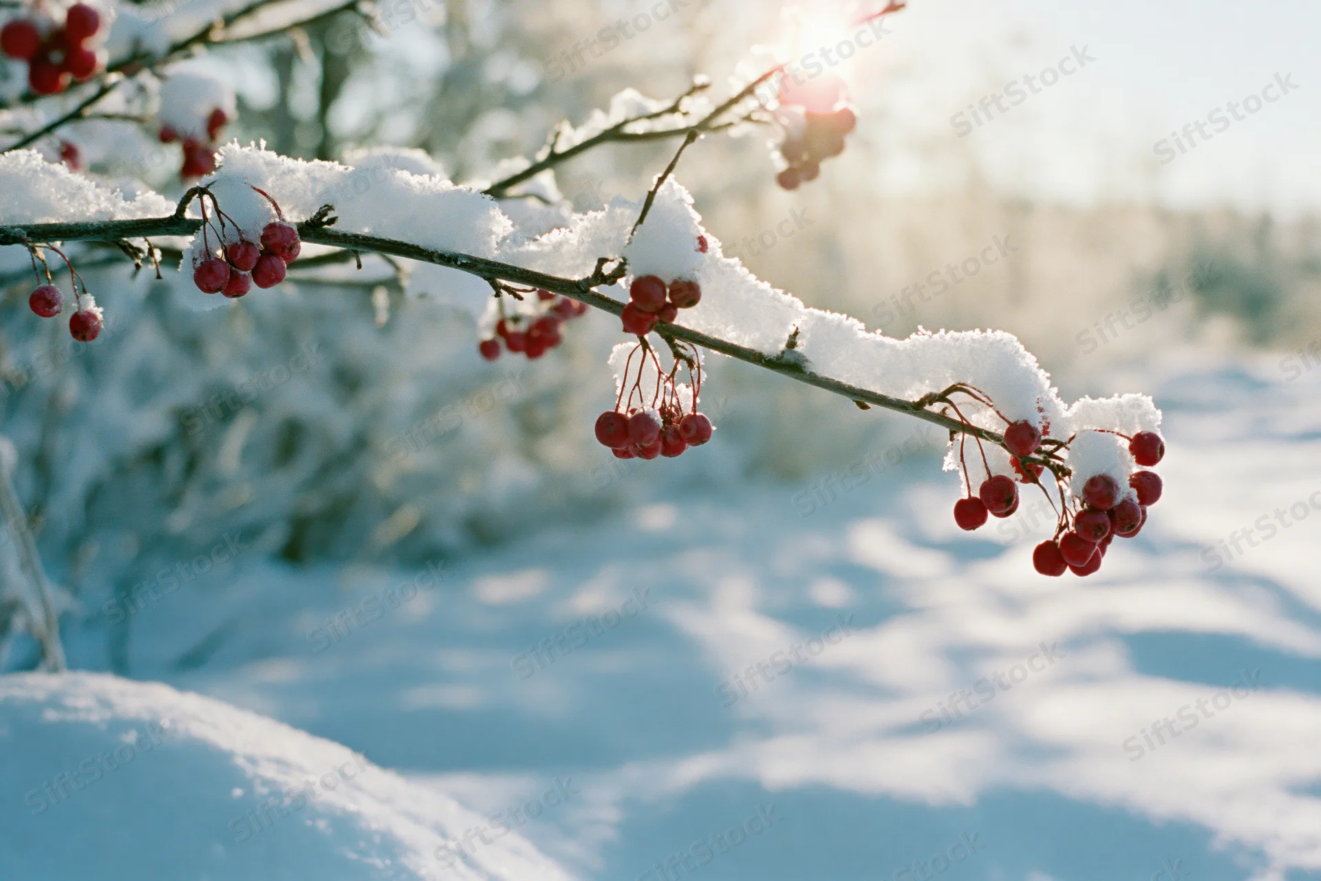 Snow-covered branch with red berries in a winter landscape