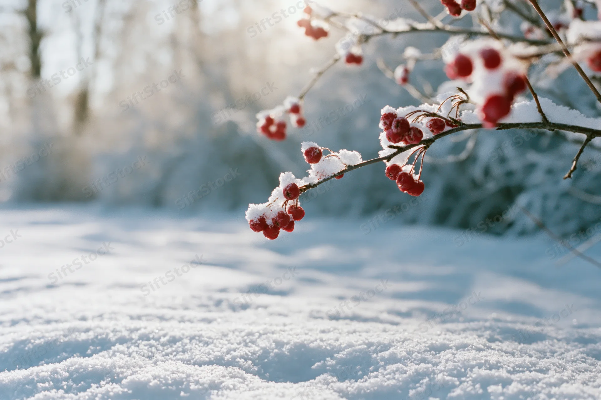 Snow-dusted red berries on a winter shrub branch over snowy ground
