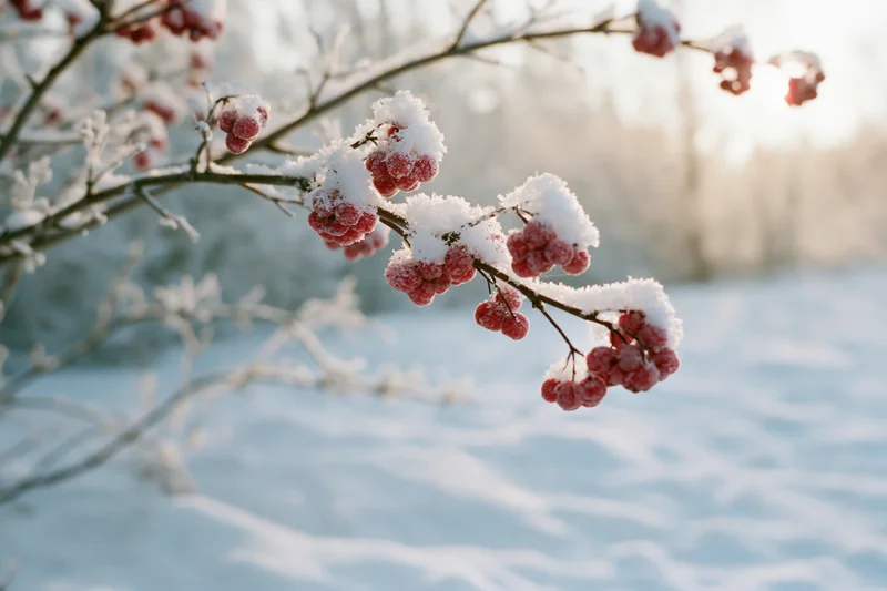 Snow-dusted red berries on a winter shrub branch in a snowy landscape