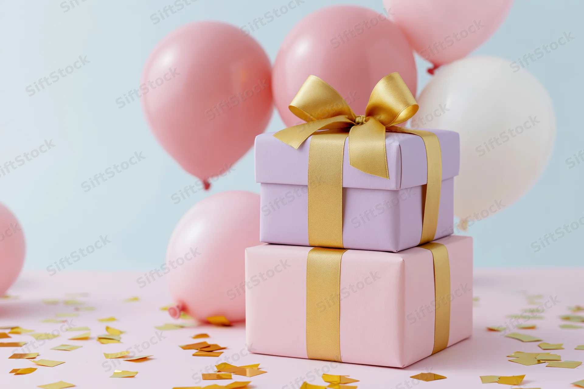 Stacked pastel gift boxes with gold ribbon bows on a pink surface surrounded by balloons and confetti