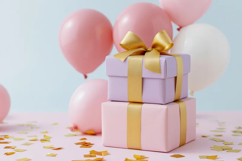 Stacked pastel gift boxes with gold ribbon bows on a pink surface surrounded by balloons and confetti