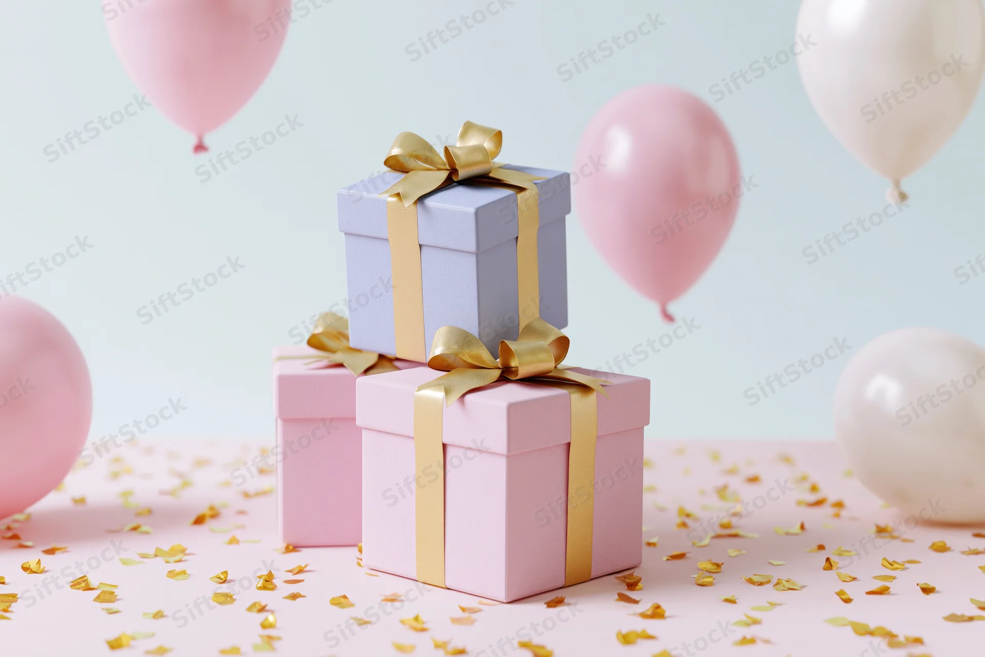 Stacked pastel gift boxes with gold ribbon bows on a pink surface surrounded by balloons and confetti