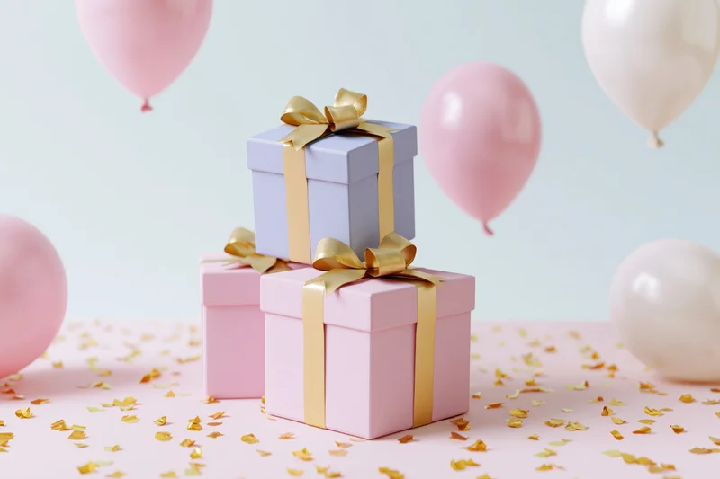 Stacked pastel gift boxes with gold ribbon bows on a pink surface surrounded by balloons and confetti