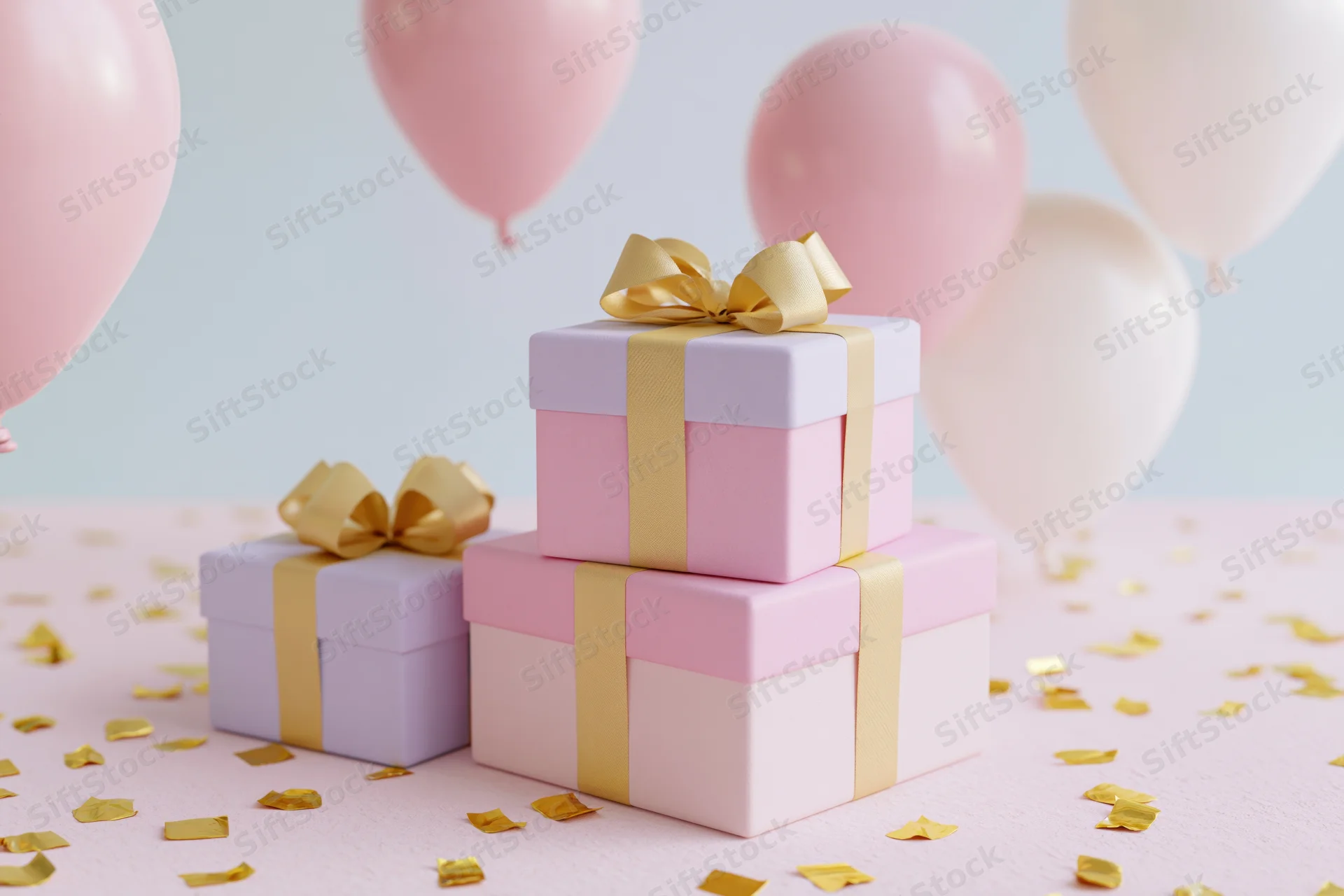 Stacked pastel gift boxes with gold ribbon bows on a surface scattered with gold confetti and pink balloons in the background