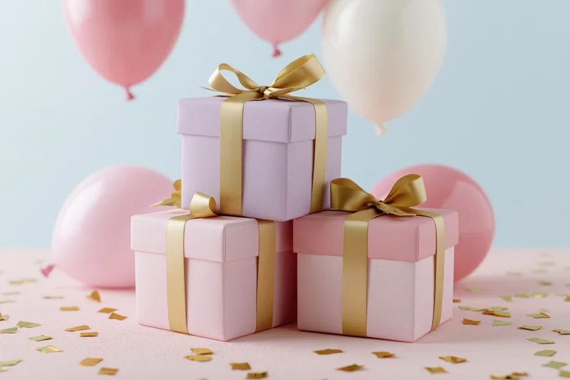 Stacked pastel gift boxes with gold ribbon bows on a pink surface surrounded by balloons and confetti