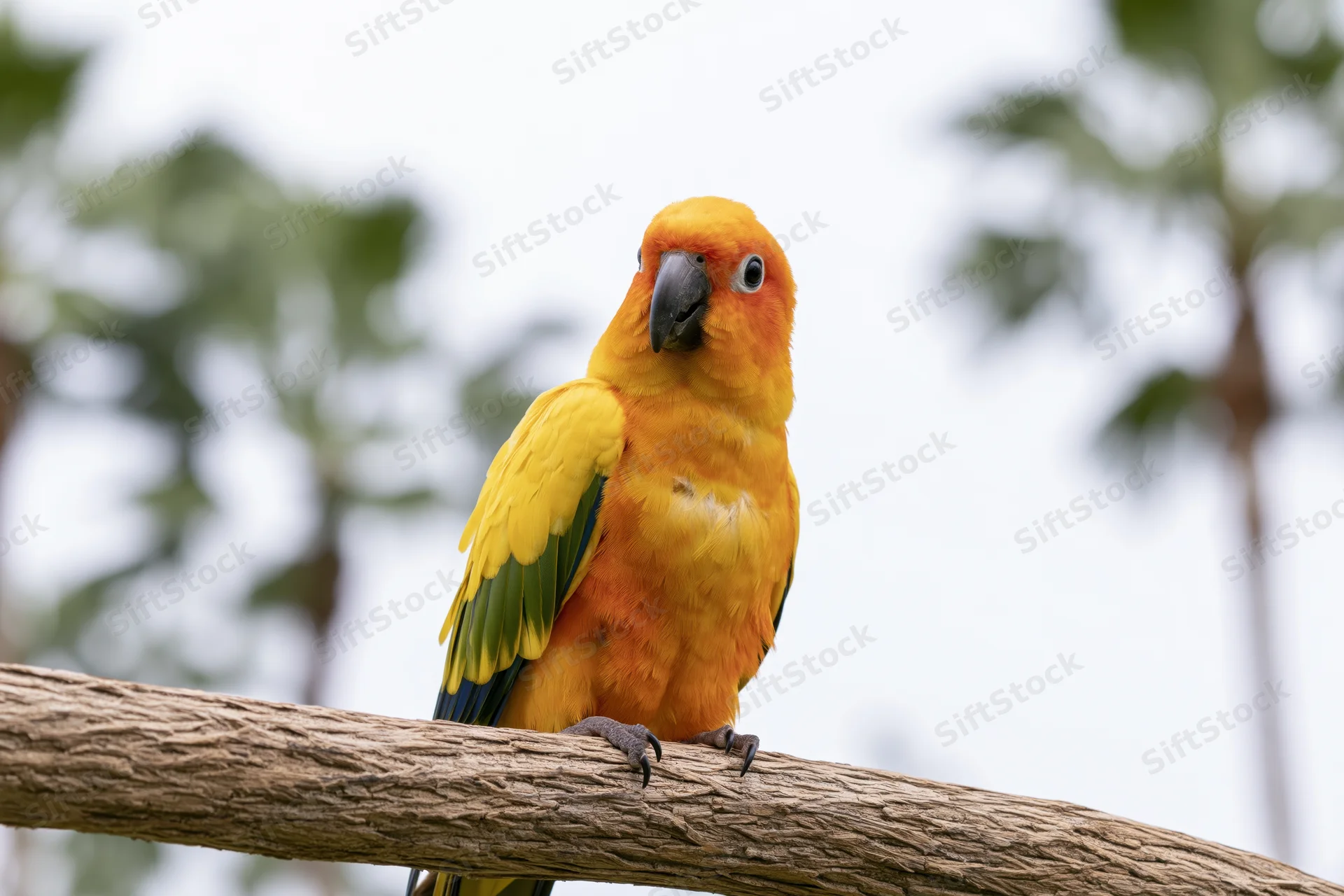 Sun conure parrot perched on a thick wooden branch looking slightly to the side in a natural outdoor setting