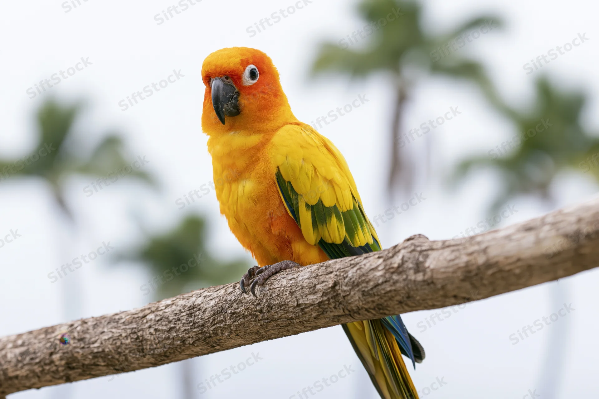 Sun conure parrot perched on thick wooden branch looking slightly to side with blurred green foliage in background