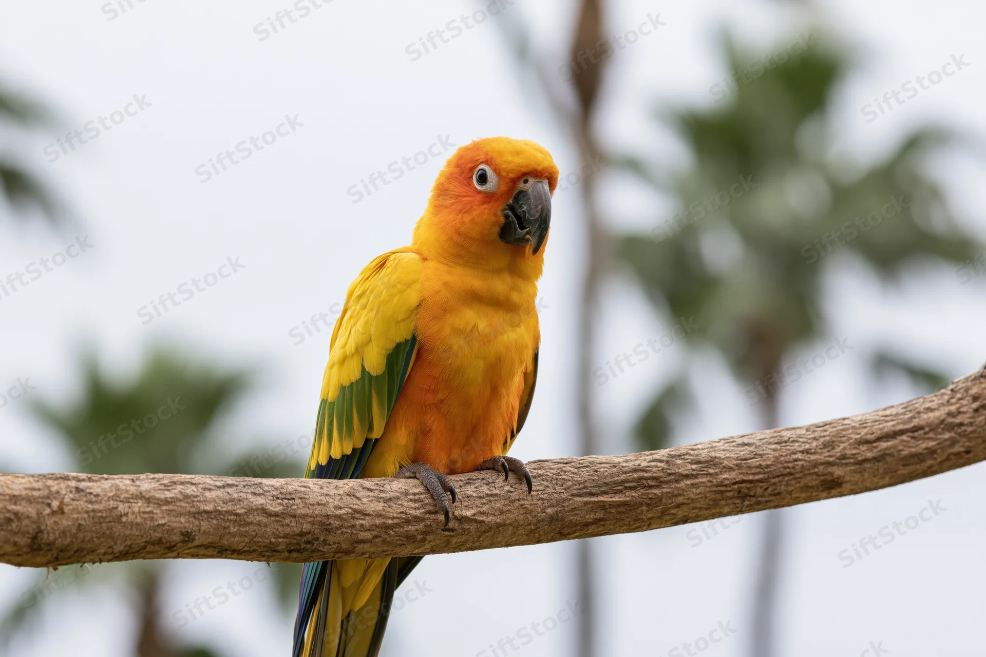 Sun conure parrot perched on a thick wooden branch looking slightly to the side outdoors