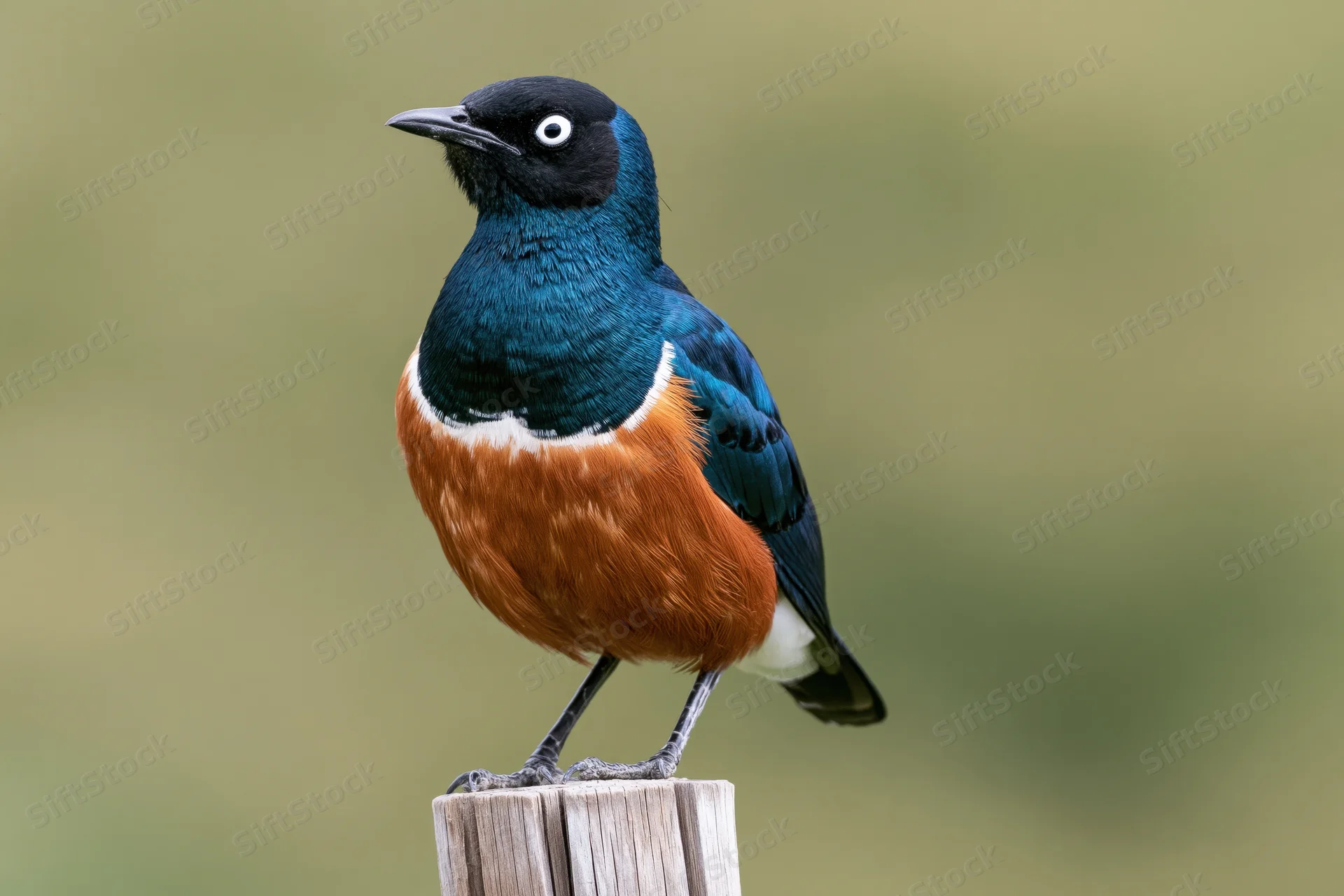 Superb starling perched upright on a weathered wooden post outdoors