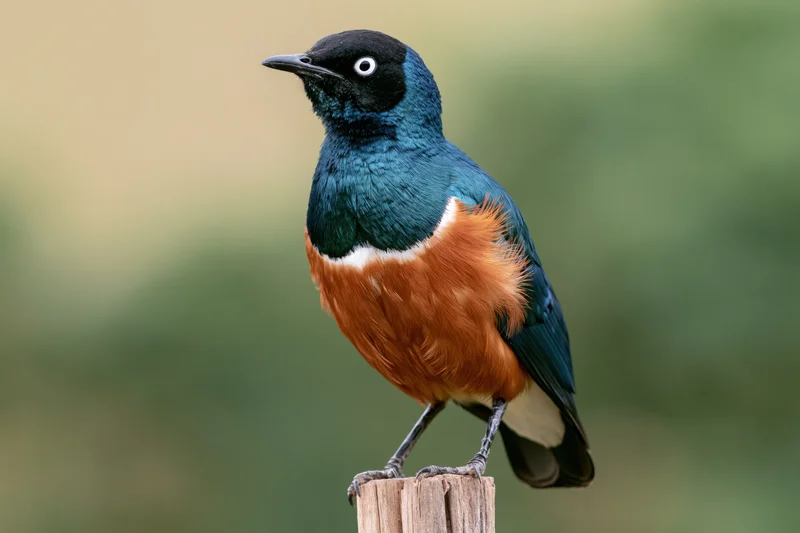 Superb starling perched upright on a weathered wooden post in a natural outdoor setting