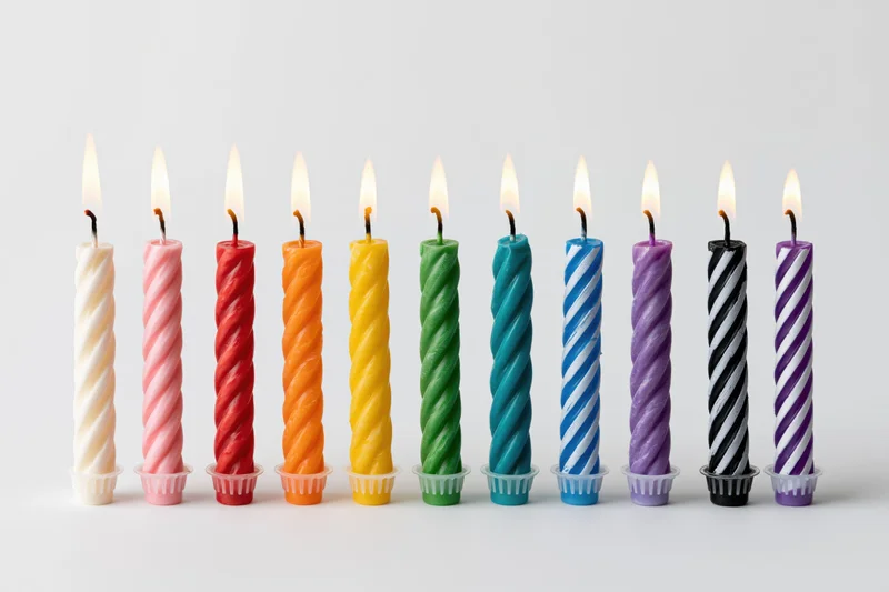 Ten lit birthday candles in a straight row on a white background