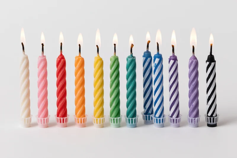 Ten lit birthday candles in a straight row against a pure white background