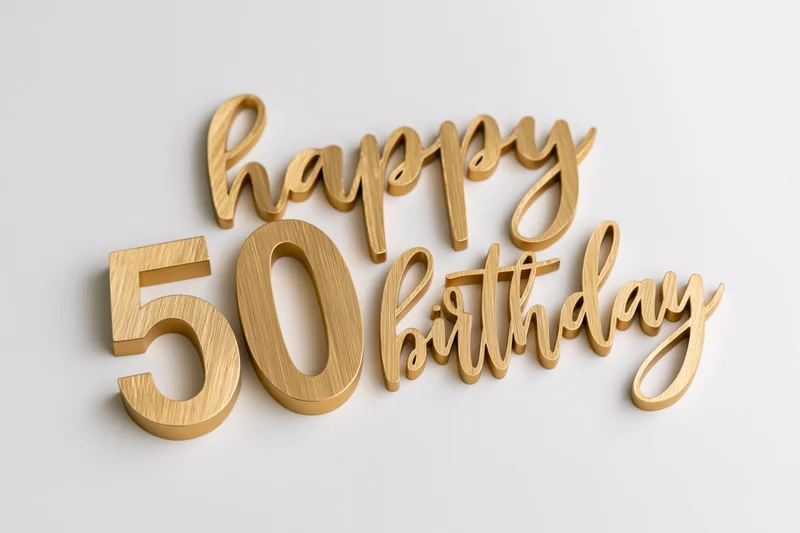 Golden 3d text reading happy 50 birthday on white background