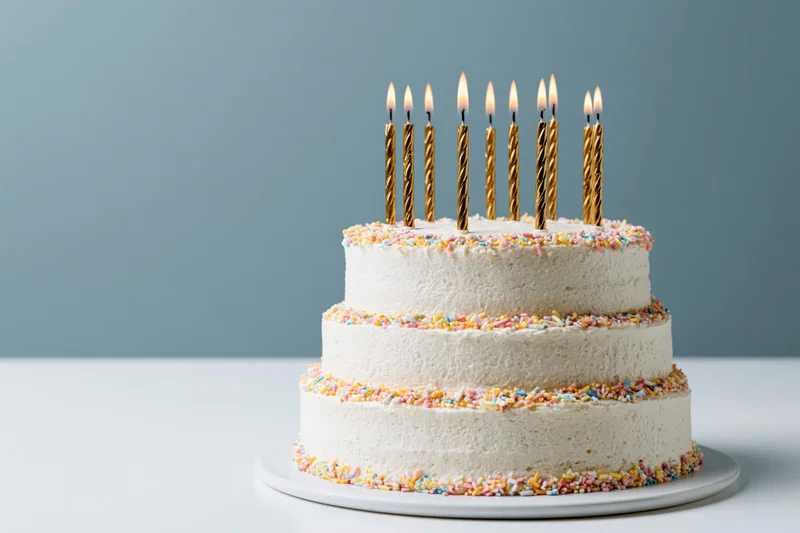 Three-tier white buttercream birthday cake with gold candles and colorful sprinkles on a white plate against a blue background
